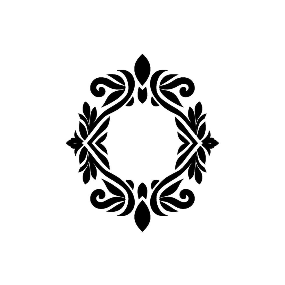 Elegant black and white ornamental floral circle frame design, symmetric flourishes and leaves on white background vector