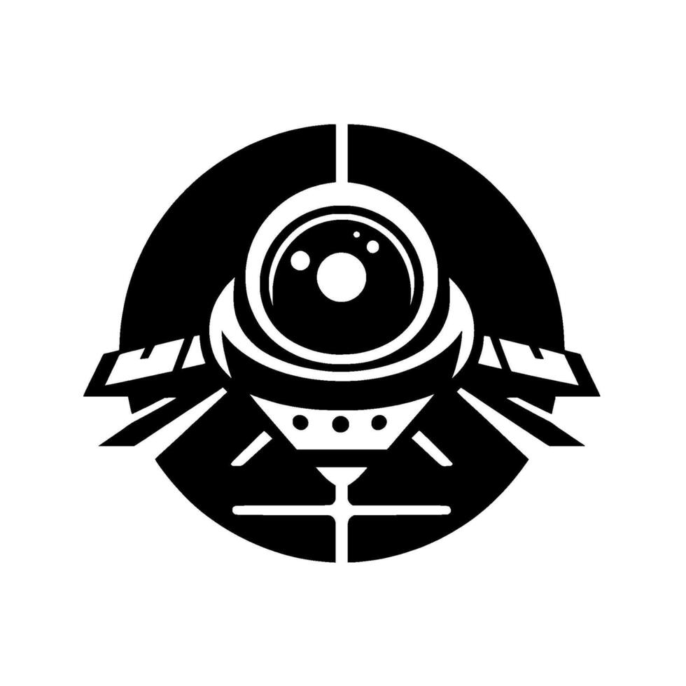 Stylized monochrome illustration of a futuristic spacecraftufo centered in a circle, with winglike extensions and circular elements. vector