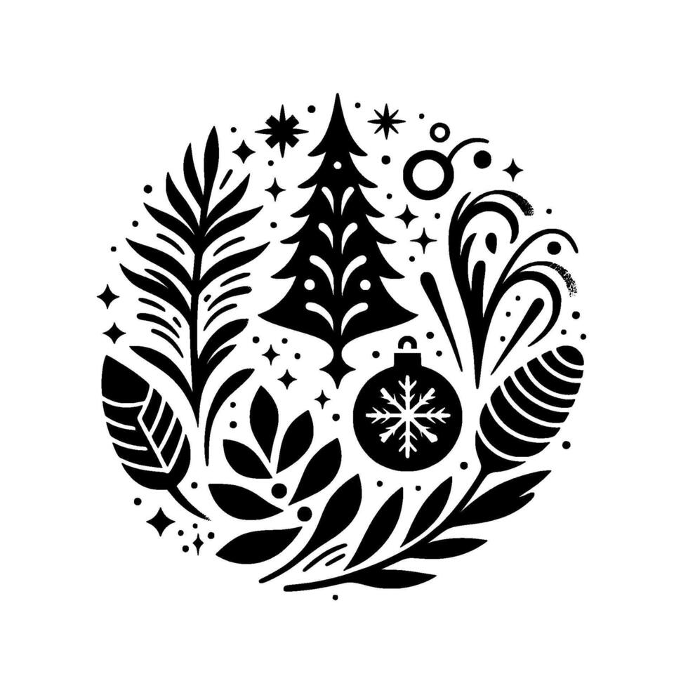 A symmetrical, black and white christmas composition within a circle, featuring a christmas tree, bauble, leaves, stars, and decorative swirls. vector