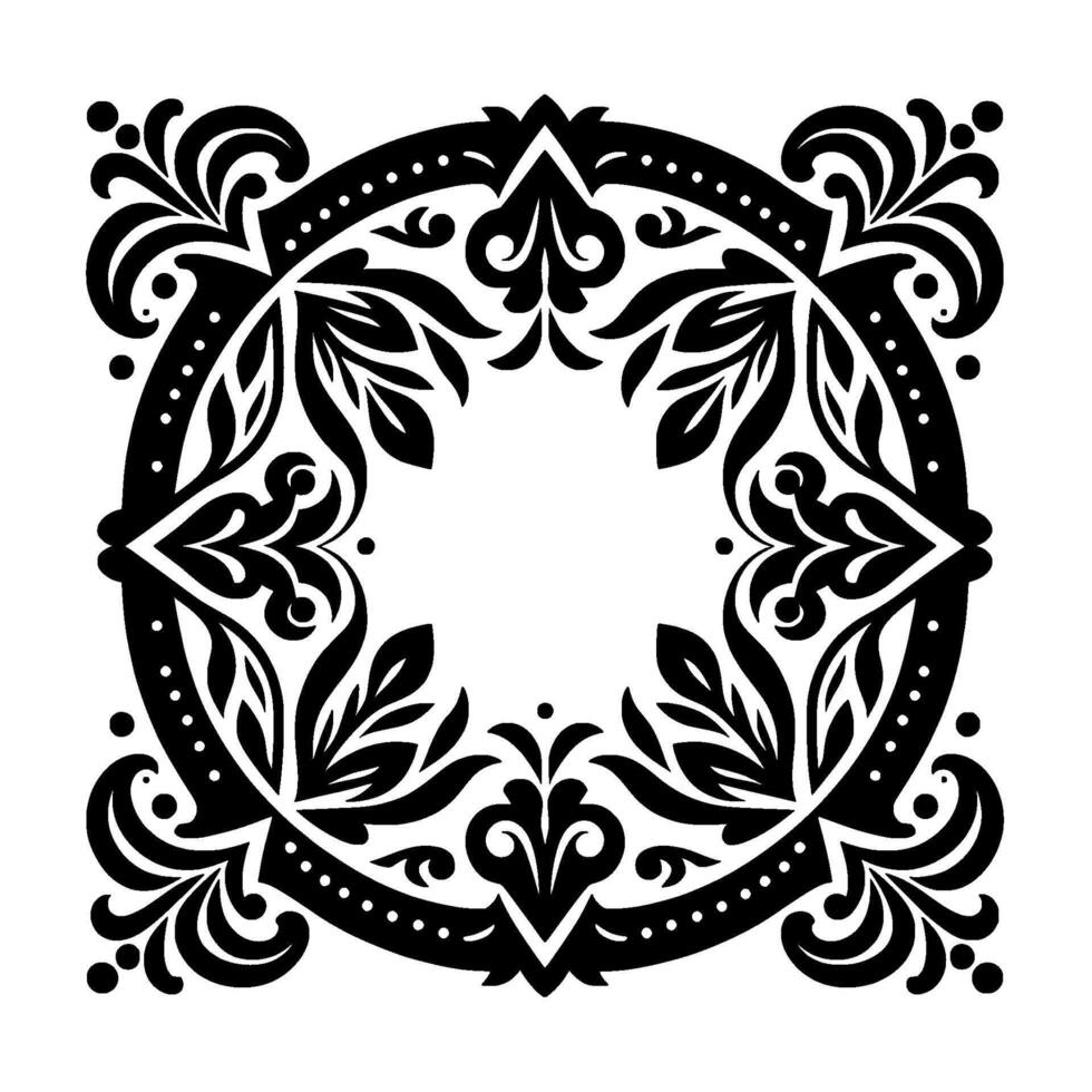 Ornate black and white symmetrical floral within a circular frame, perfect for decorative purposes or elements, on a white background. vector