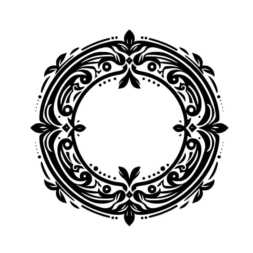 Intricate black and white circular ornamental with floral and geometric elements, creating a detailed decorative frame against a clean white background, evoking elegance. vector