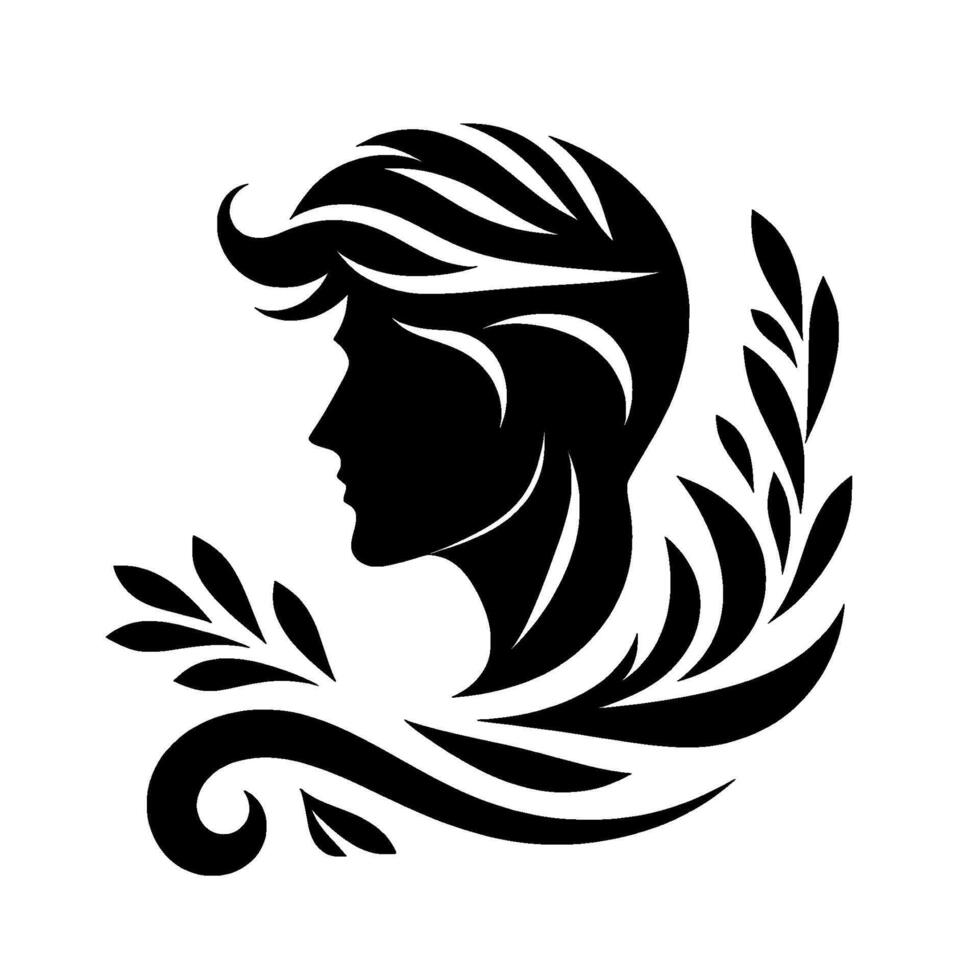 A stylized silhouette portrait of a woman with flowing hair, encircled by decorative leafy elements, set against a pure white background. vector
