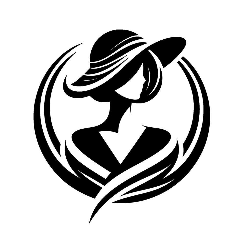 Elegant silhouette a woman in a floppy hat encircled by flowing lines, a modern black and white for feminine grace. vector