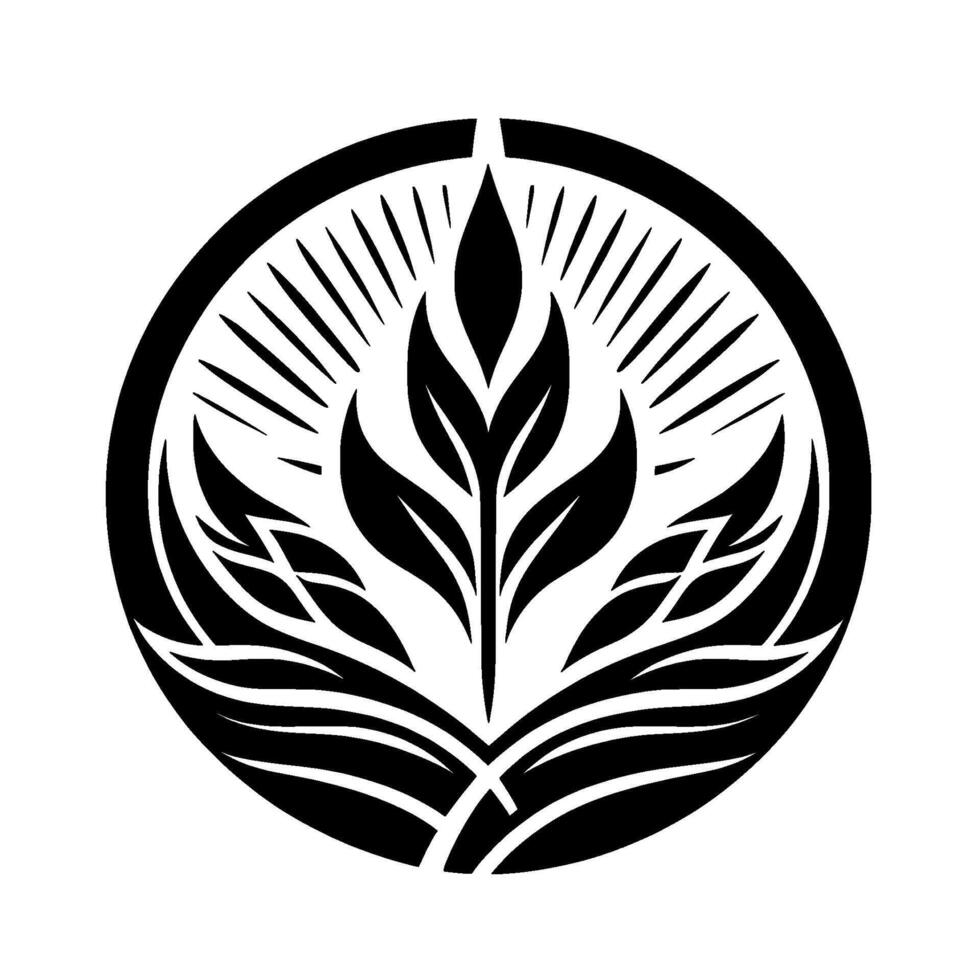 A stylized, black and white emblem of stylized leaves and rays of light, enclosed in a circular frame, evocative of nature and growth. vector