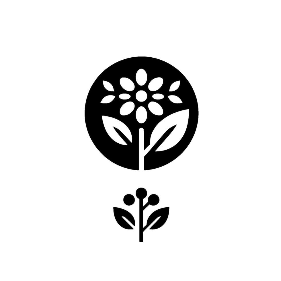 Elegant minimalist floral a black and white composition featuring a large flower in a circle and smaller berry sprig. vector