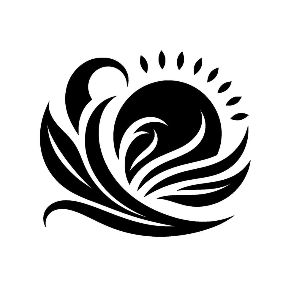 A stylized monochrome depicting a sunrise or sunset, with sun rays, waves, and stylized leaves. vector