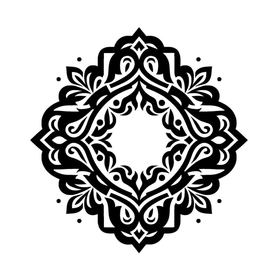 Intricate black and white geometric floral mandala with curvilinear shapes, symmetry, and decorative flourishes on a white background. vector