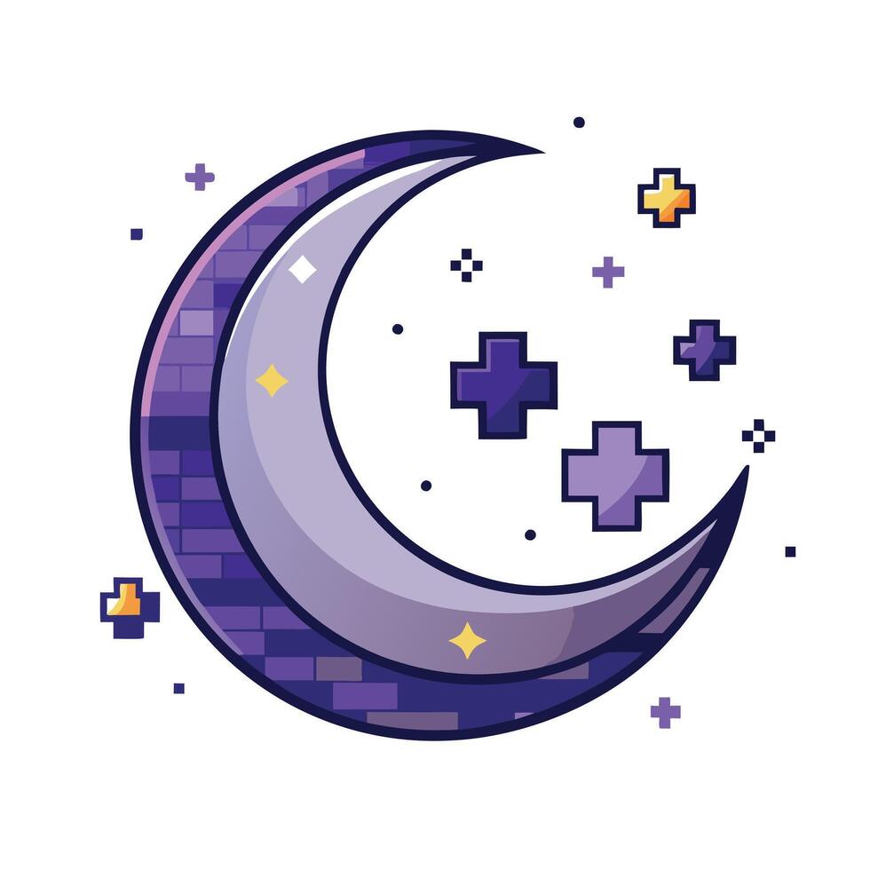 Stylized Crescent Moon Icon with Digital Stars and Modern Design Elements vector