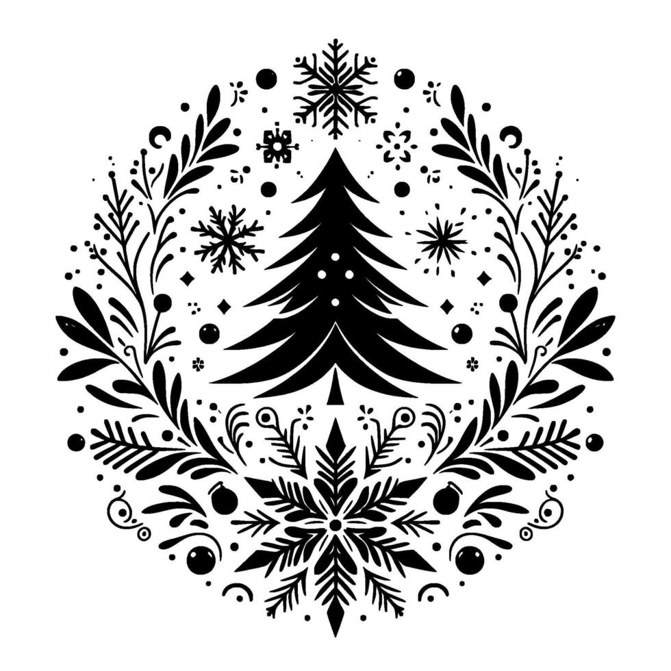 Circular black and white christmas ornament featuring a central fir tree, snowflakes, and botanical elements with detailed embellishments. vector
