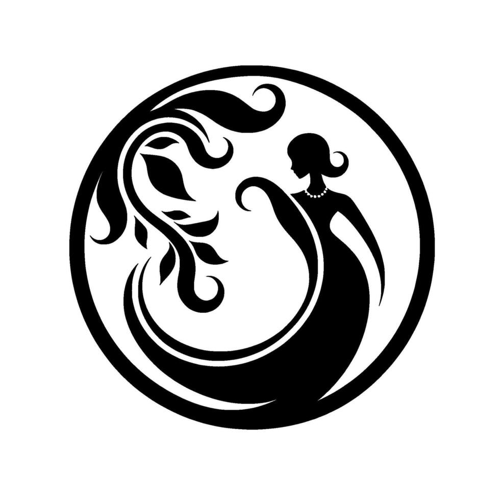 Elegant silhouette of a woman in a circle, adorned with a necklace, gracefully reaching towards floral embellishment in minimalist black and white. vector