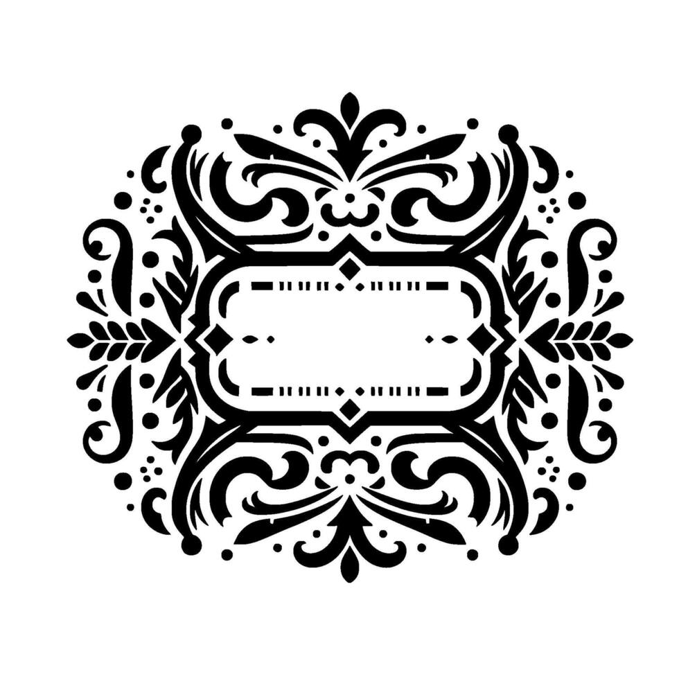 Ornate, symmetrical black white floral border featuring a central rectangular text box, dots, swirls, and leaves. vector
