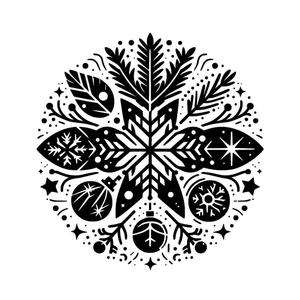 A symmetrical, black and white winter holiday ornament featuring snowflakes, fir branches, ornaments, and decorative details, arranged in a circular composition. vector