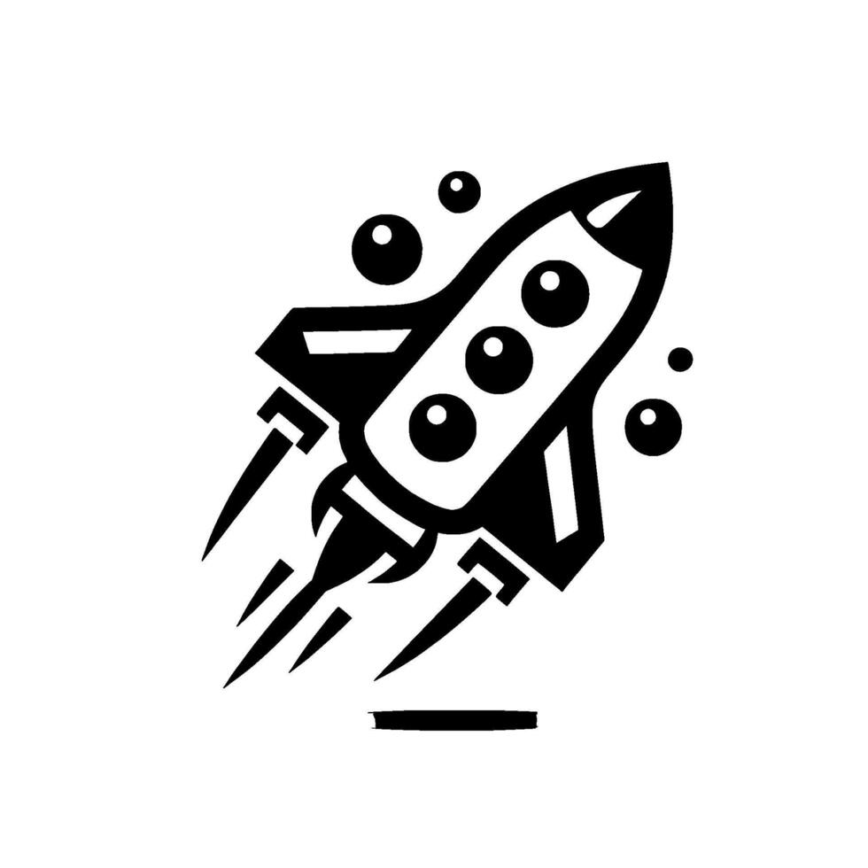 Black and white stylized illustration of a retrofuturistic rocket ship taking off with exhaust trails and bubbles, set against a clean white background. vector