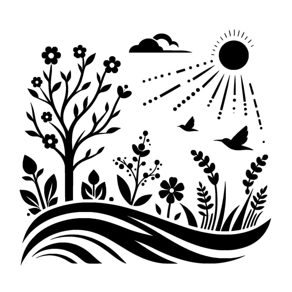 A monochrome illustration depicting a flourishing landscape a tree, various plants, sun, birds, and clouds, conveying a sense of natures harmony. vector
