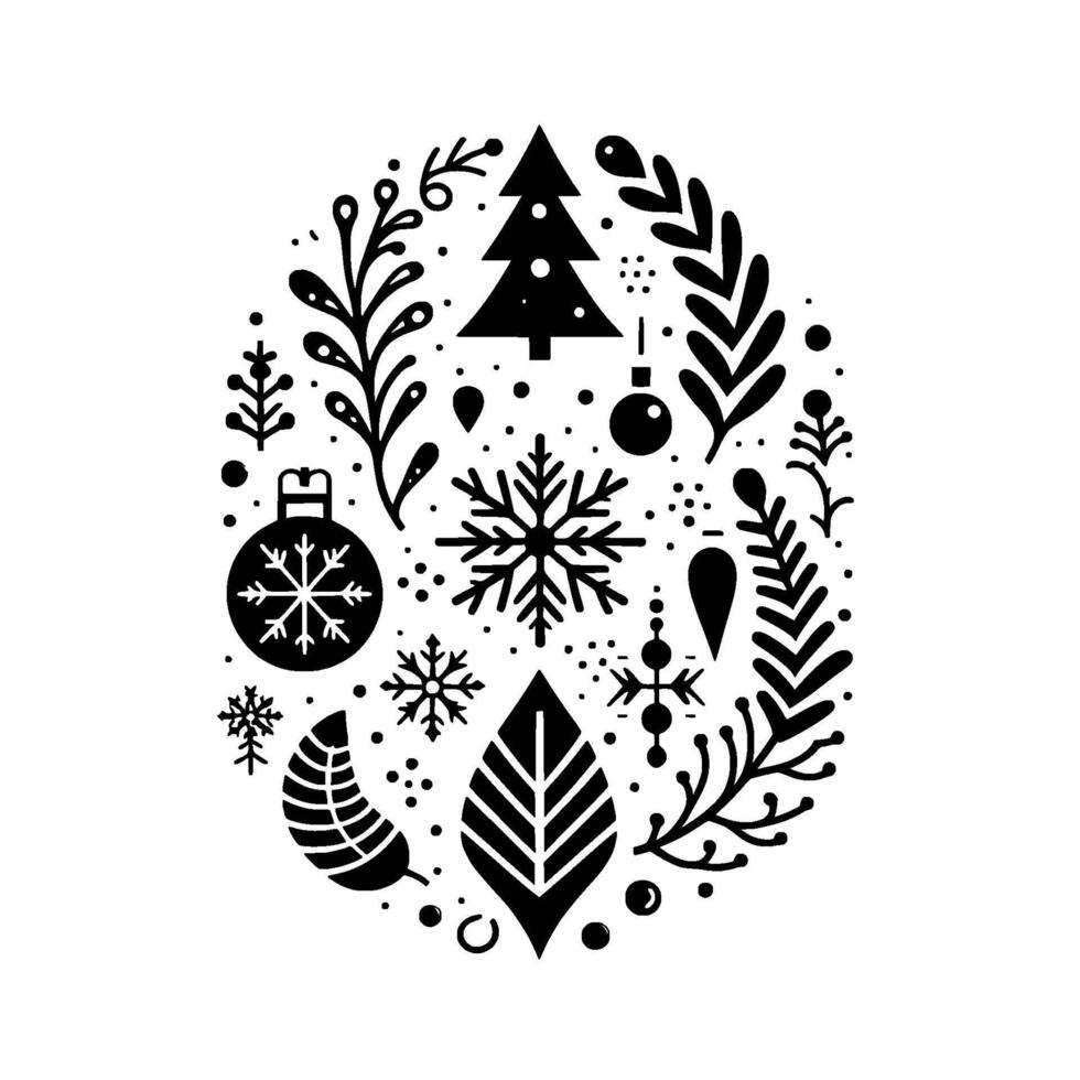 Minimalist black and white christmas ornament featuring stylized snowflakes, foliage, a christmas tree, and ornaments arranged in an oval composition. vector