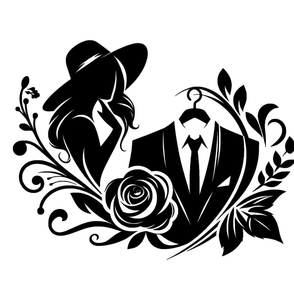 Elegant black silhouette of a woman in a hat and a suit on a hanger, adorned with floral motifs. vector