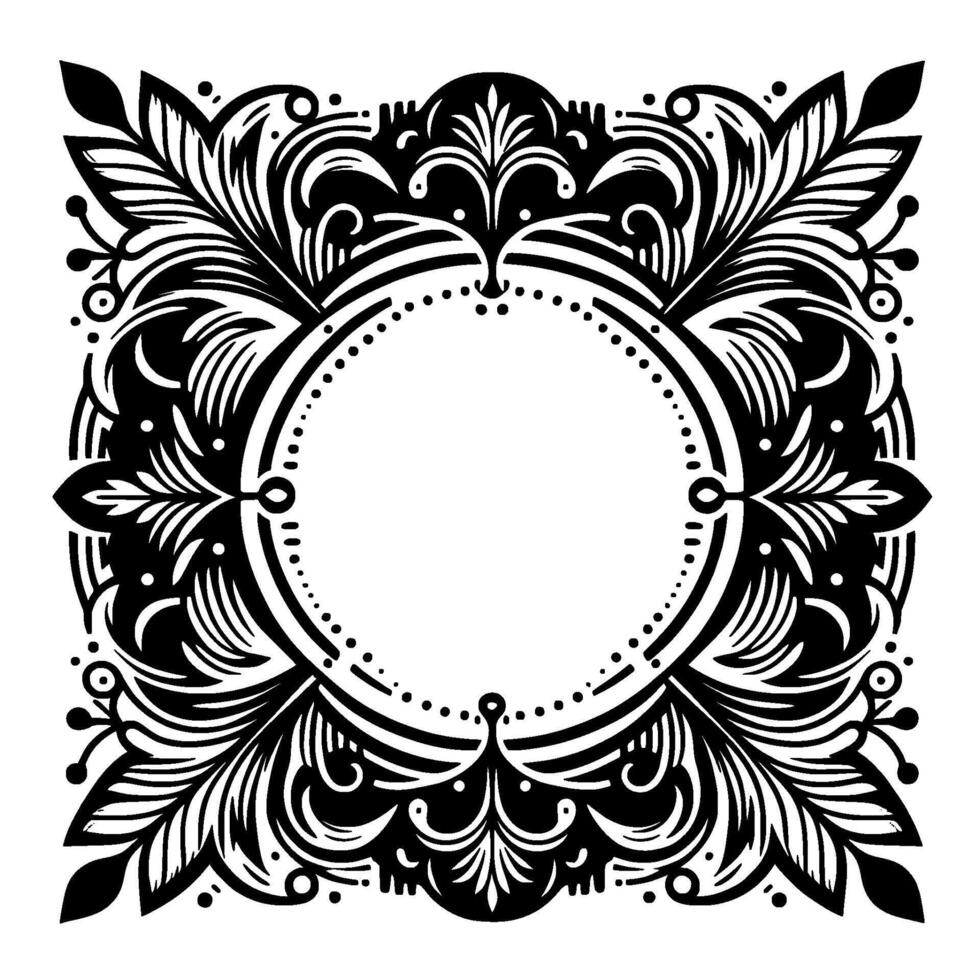 Ornate black and white symmetric floral frame with circular center and detailed leafy accents, ideal for invitations or decorations. vector