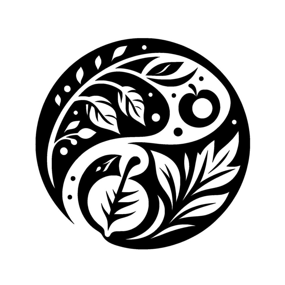 Yinyang symbol featuring stylized apple and leaf elements in a black and white circular with intricate detailing. vector