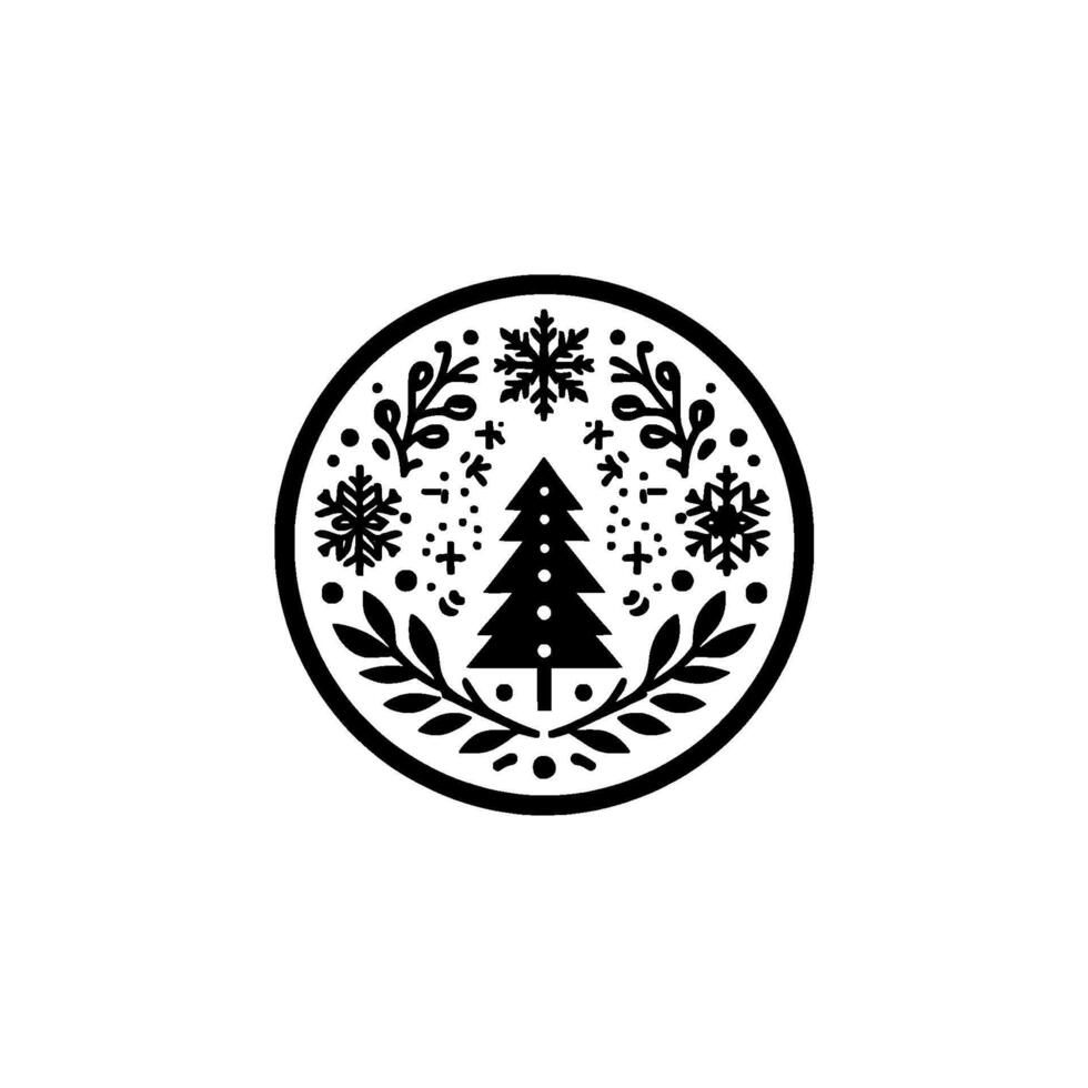 Intricate black and white circular christmas featuring a stylized tree, snowflakes, leaves, and decorative elements, on a clean white background. vector