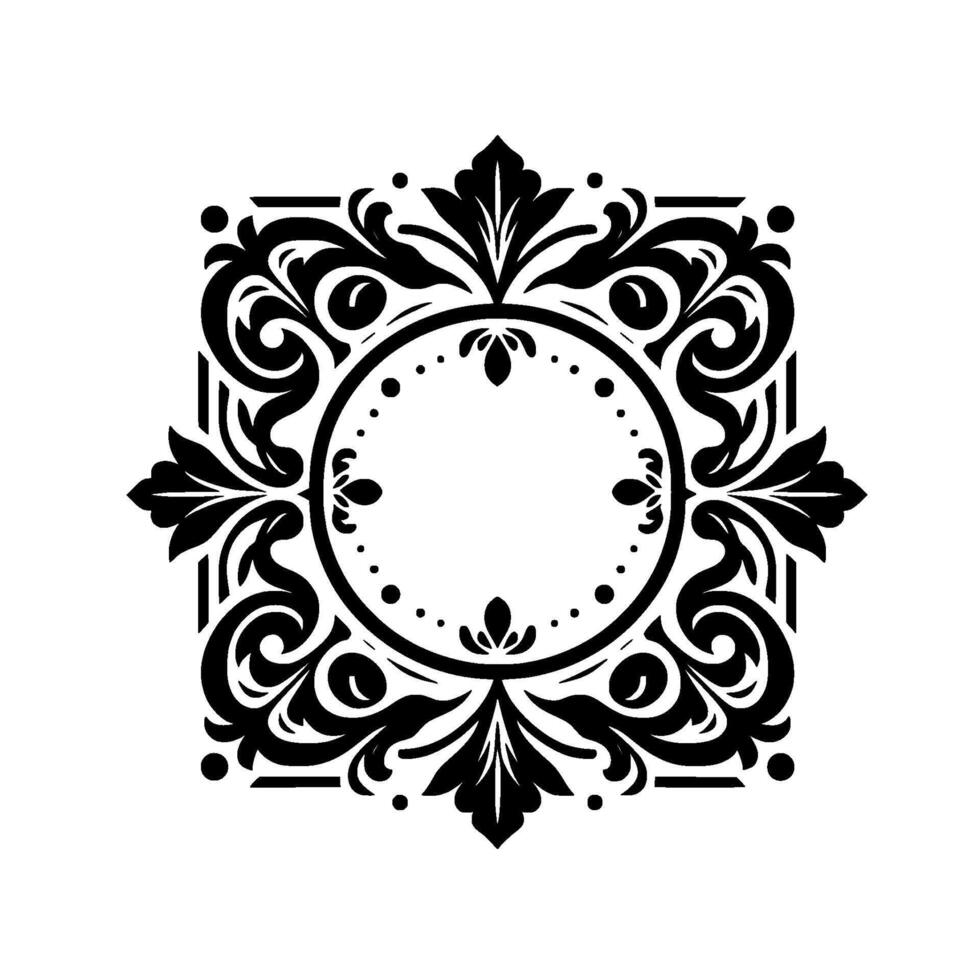 Intricate black and white ornamental square frame with circular center, leafy accents, and decorative swirls, elegant design. vector