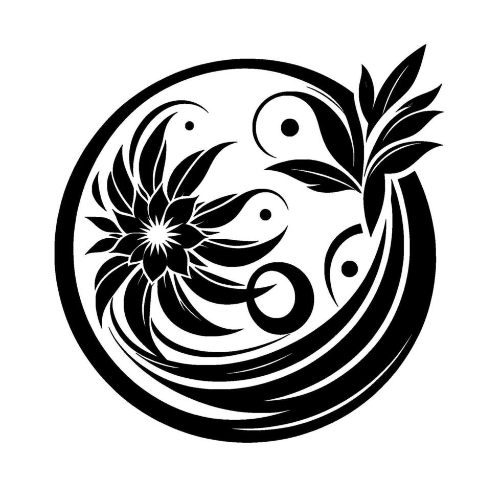 Abstract yinyang inspired floral in black white, featuring a circular frame, stylized petals, leaves, and swirls. vector