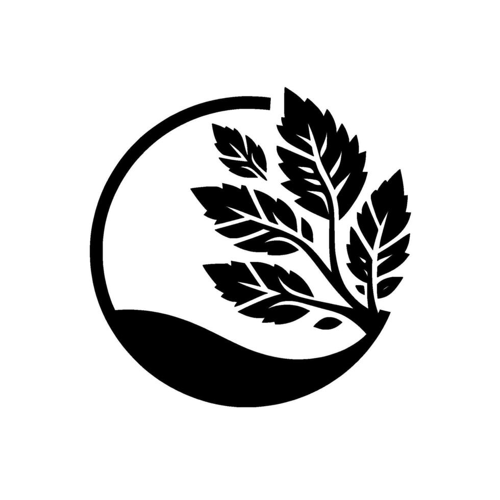 Stylized black leafy branch emerging from a black silhouette within a circular frame, on a stark white background, creating a minimalist organic emblem. vector