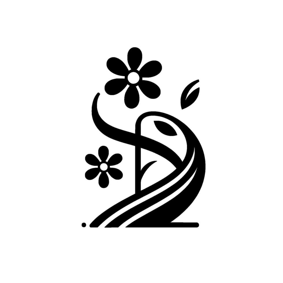 Elegant black white floral illustration, featuring stylized blossoms, curved stems, and leaf accents against a clean white backdrop, minimalist design. vector