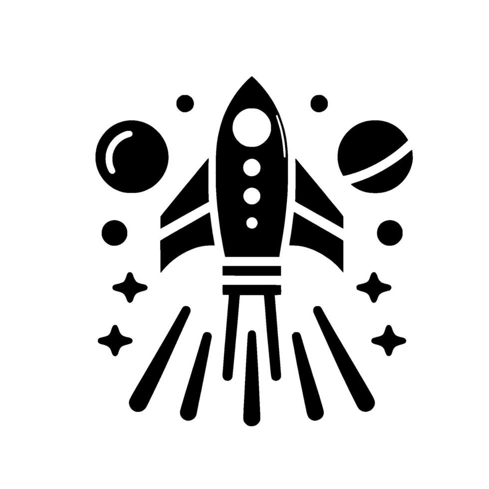 A stylized black and white rocket ship blasting off, surrounded by planets, stars and other space elements against a clean white background. vector