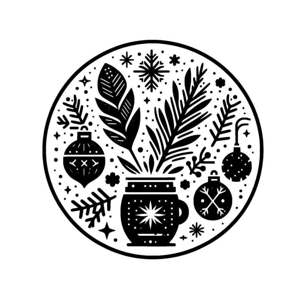 A stylized, black and white, circular christmas illustration with botanical elements, festive ornaments, and snowflakes, emerging from a decorated mug. vector