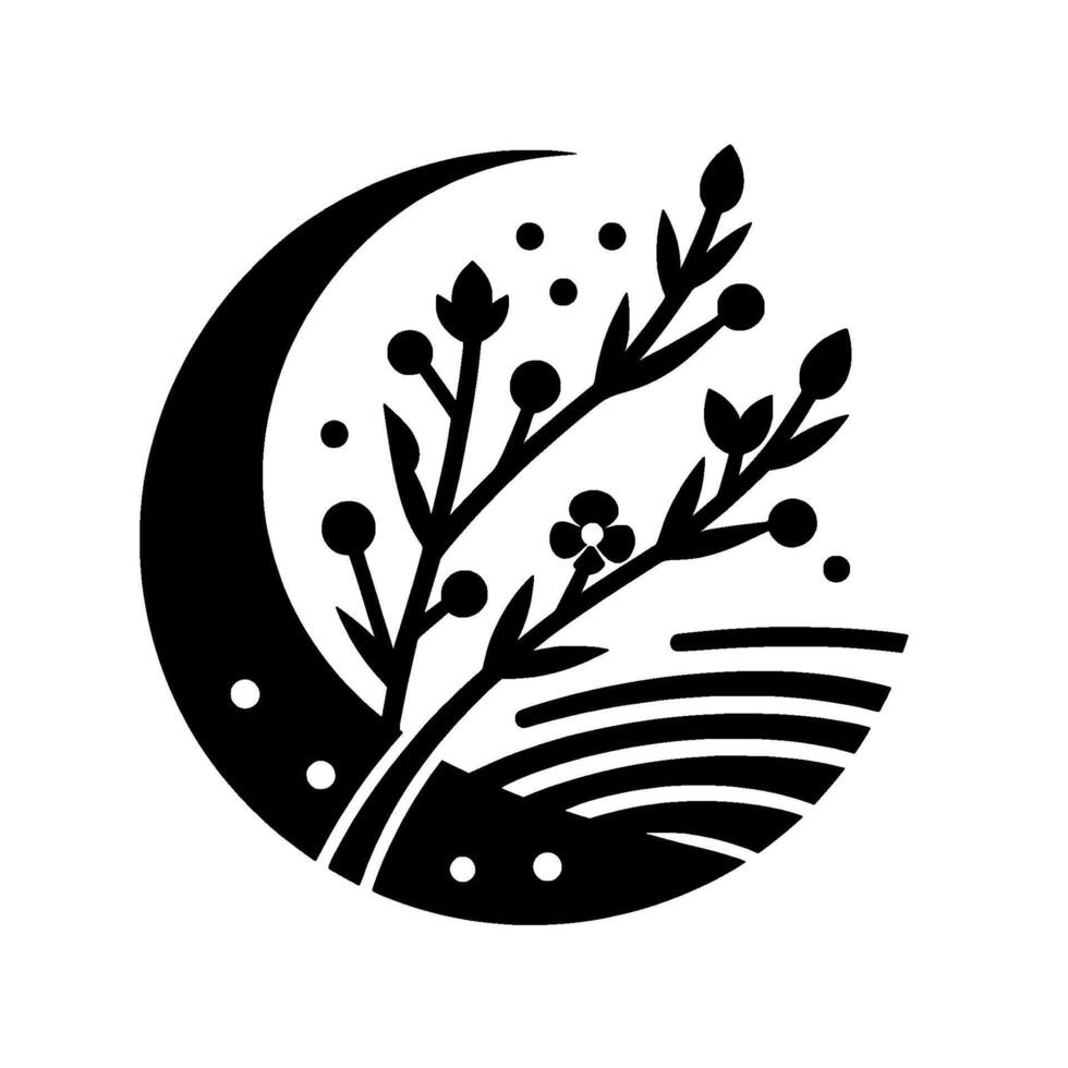 A minimalist black and white circular featuring a crescent moon, floral branches, and stylized landscape elements, evoking simplicity and harmony. vector