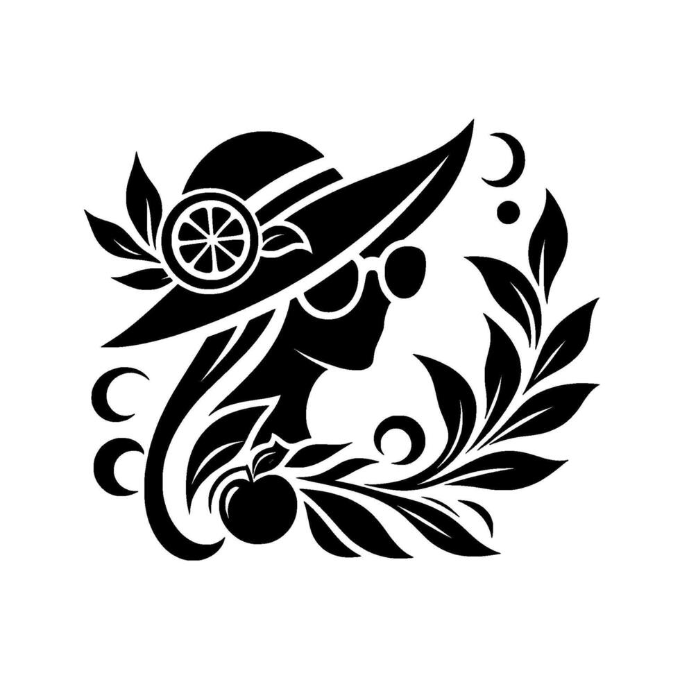 Elegant silhouette of a woman in a widebrimmed hat, sunglasses, and floral accents, adorned with citrus and fruit, black and white design. vector