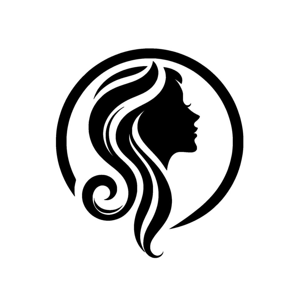 Elegant silhouette of a womans profile with flowing hair within a circular frame, creating a timeless and minimalist emblem. vector