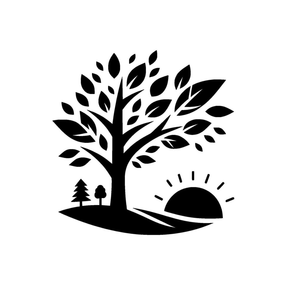 Silhouette of a flourishing tree with numerous leaves, two smaller trees on a hill, and a sun, all set against a plain white background, evoking a sense of natural harmony. vector