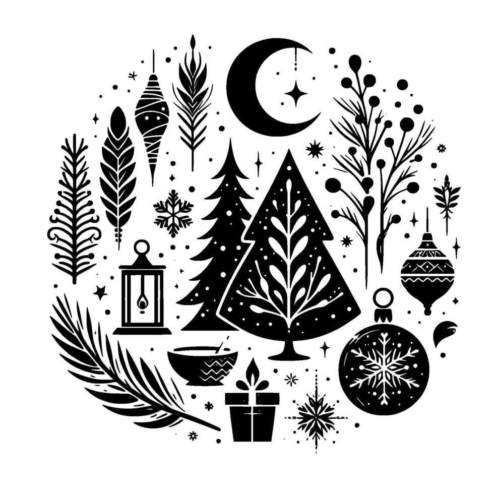 A monochrome christmas illustration arranged in a circle, featuring a crescent moon, star, trees, feathers, ornaments and gift. vector