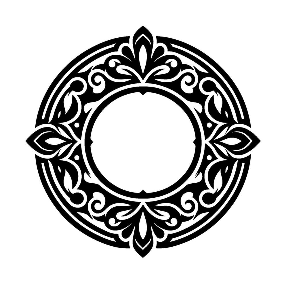 Intricate black and white circular floral with symmetrical details, ornate inner circle, and decorative leaf motifs on a white background. vector