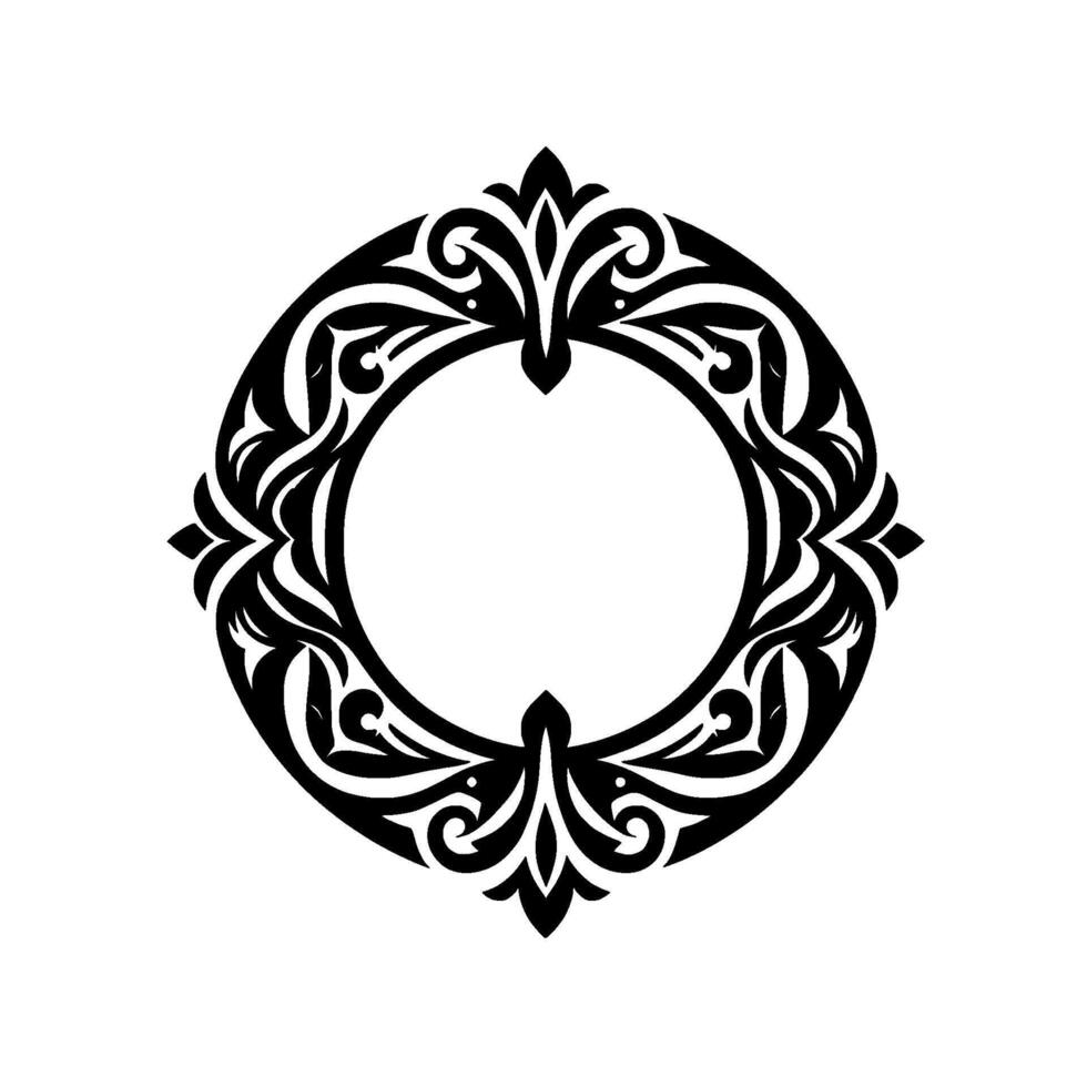 Intricate black and white decorative circle with floral and geometric elements, creating an elegant ornamental frame. vector
