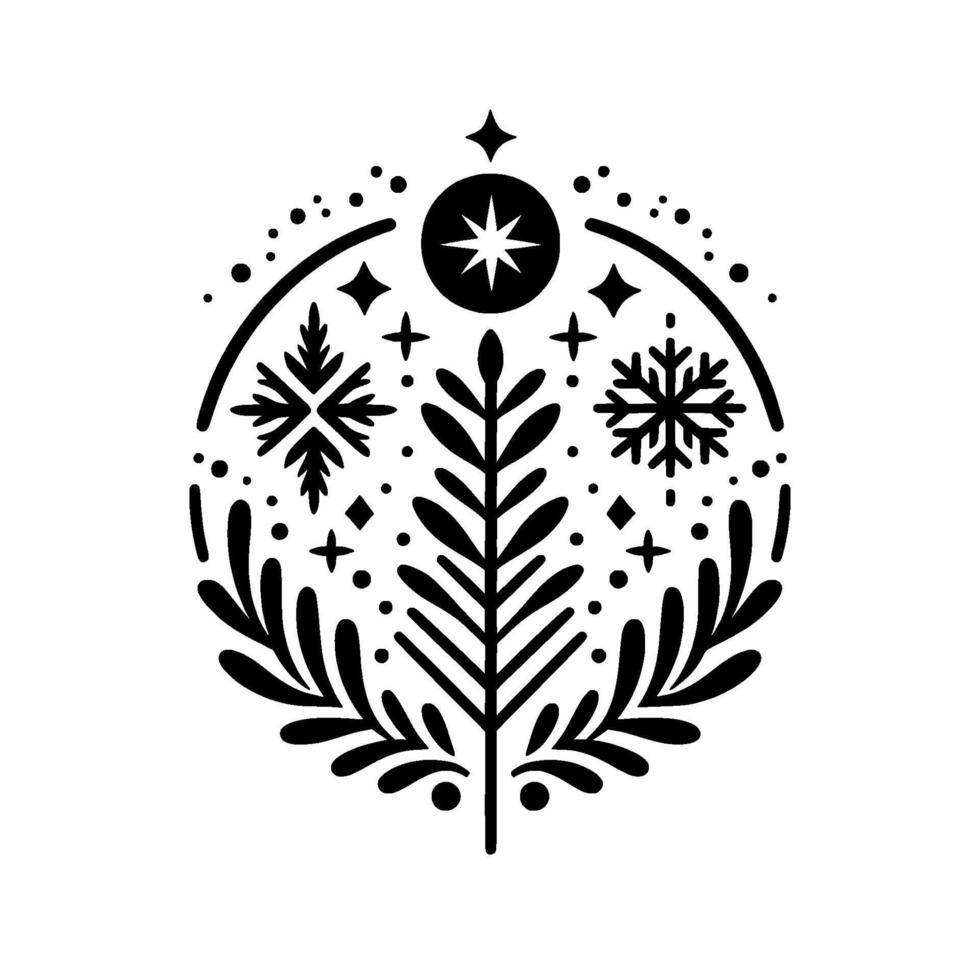 Elegant black and white winter emblem circular composition featuring a central fir tree, snowflakes, stars, dots, and foliage in a minimalist aesthetic. vector