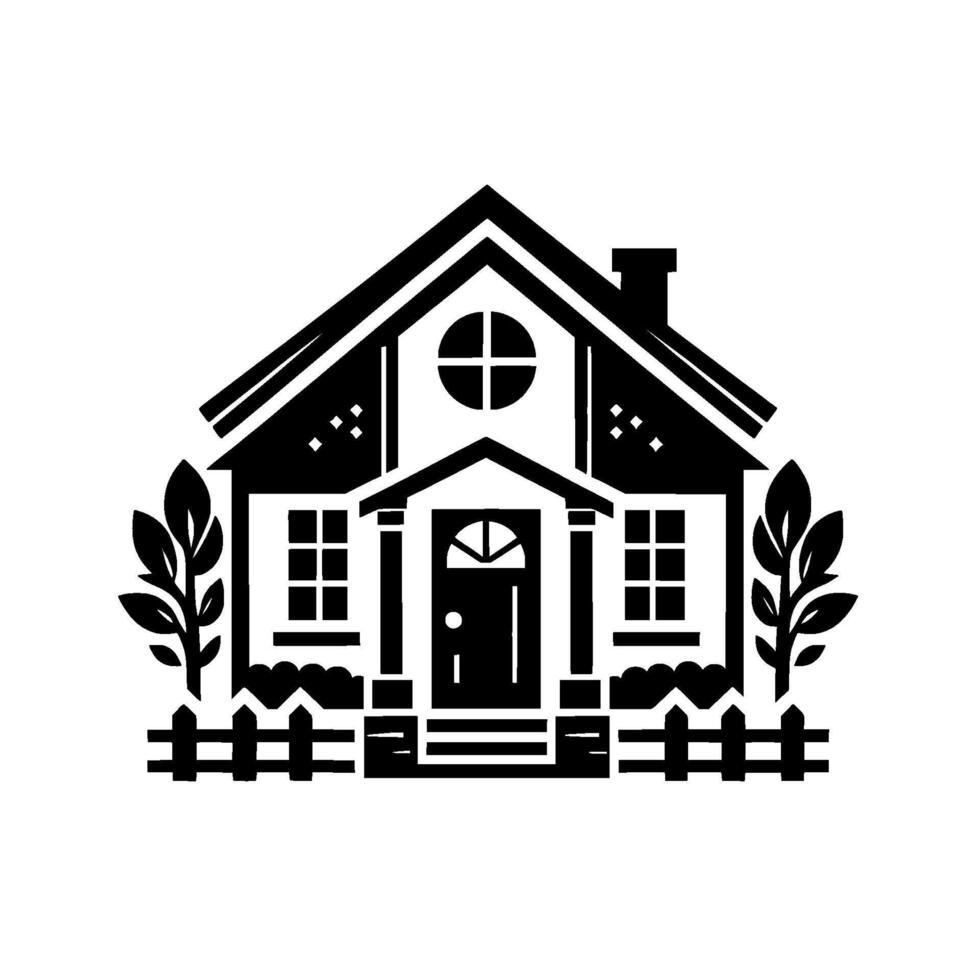 A stark, minimalistic illustration of a charming twostory house with a front porch, framed by a picket fence and stylized foliage. vector