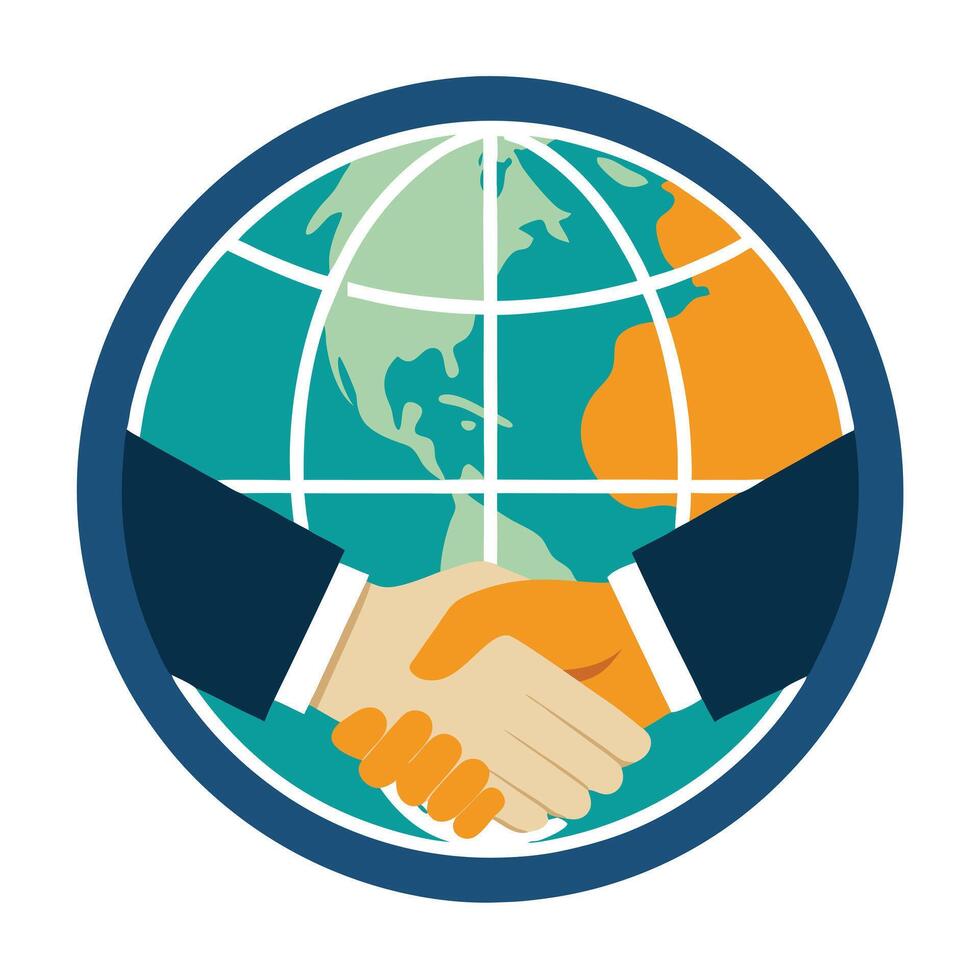 Stylized Handshake Icon with Globe and Modern Design Elements vector