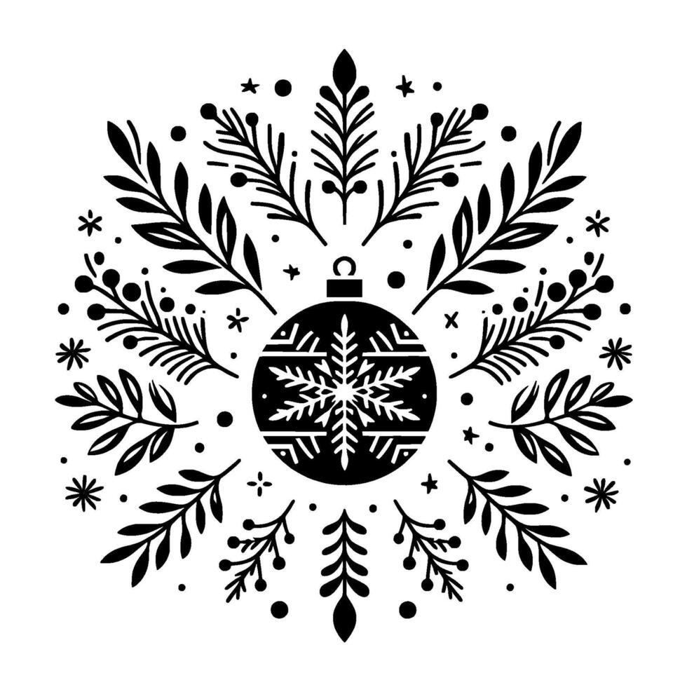 Intricate black and white christmas ornament with floral elements, snowflake centerpiece. vector