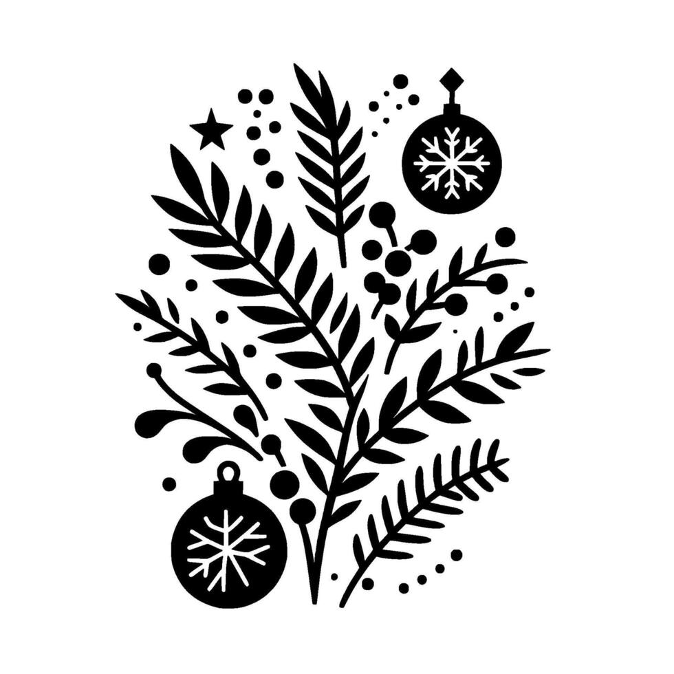 Black and white christmas illustration festive foliage, baubles, and snowflakes on a clean white background, a modern holiday design. vector