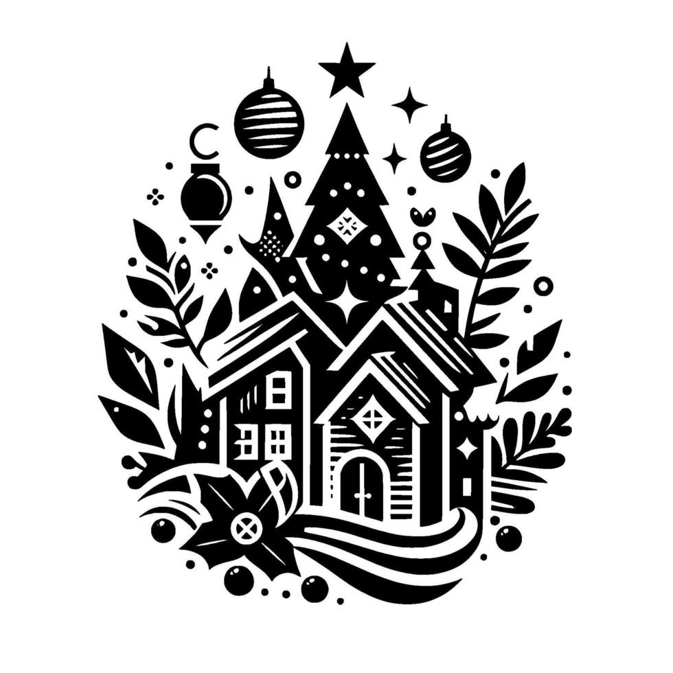 A festive christmas village illustration in black and white, featuring houses, a christmas tree, ornaments, and floral elements within an oval composition. vector