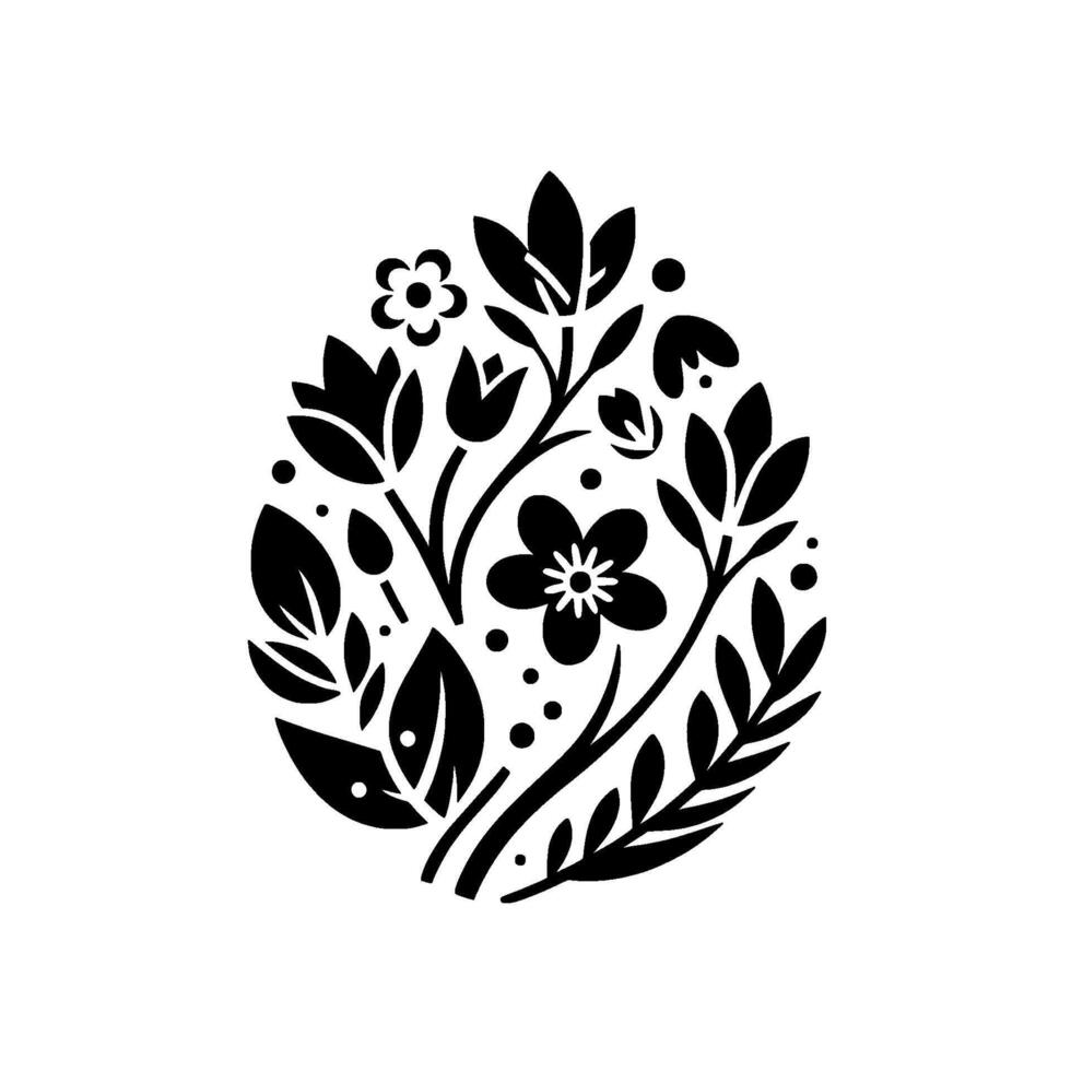 Black and white floral egg composition a stylized easterthemed with meticulously arranged blossoms, leaves, and sprigs forming an oval on a white background. vector