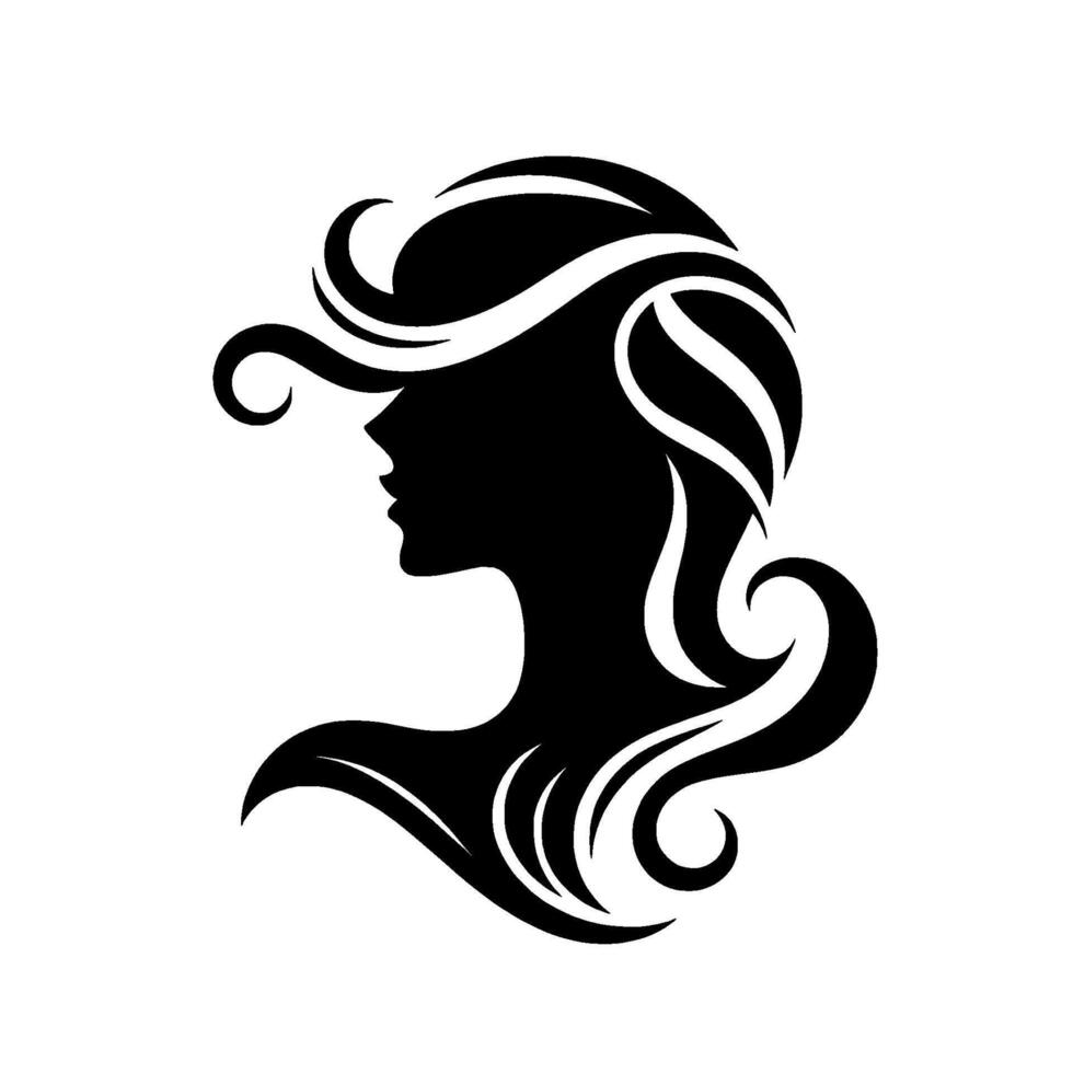 Elegant silhouette of a womans profile with flowing hair, a classic and minimalist black and white design. vector