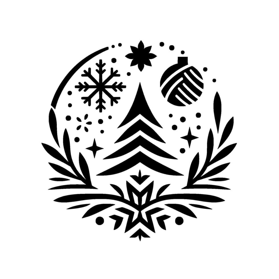Festive holiday circle a minimalist black and white featuring a christmas tree, snowflakes, ornaments, and botanical elements. vector