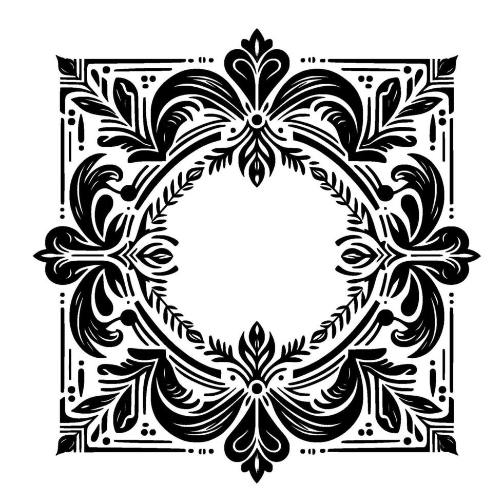 Intricate black and white floral motif a symmetrical, squareframed featuring elaborate botanical elements and a central circular void. vector