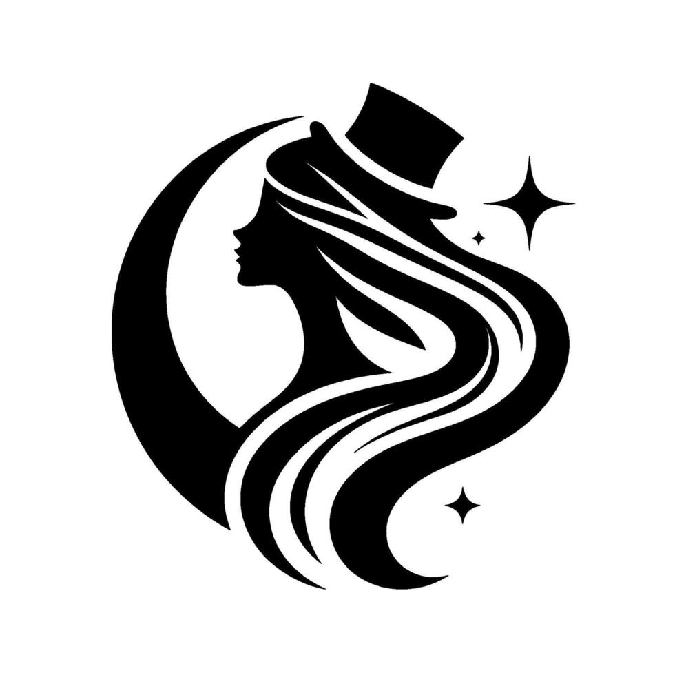 Elegant silhouette of a woman with flowing hair, top hat, and crescent moon in a minimalist black and white with sparkling accents. vector