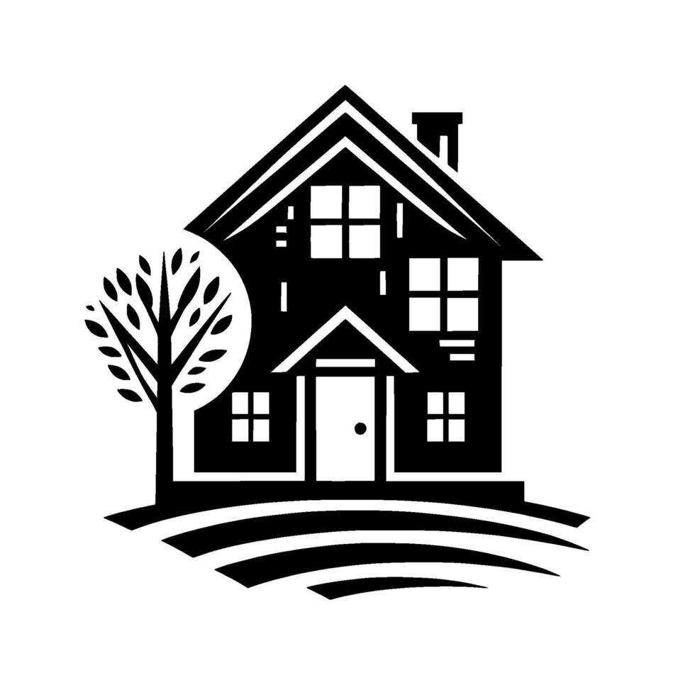 A minimalist black and white illustration featuring a twostory house with a pitched roof, chimney, and a stylized tree. vector