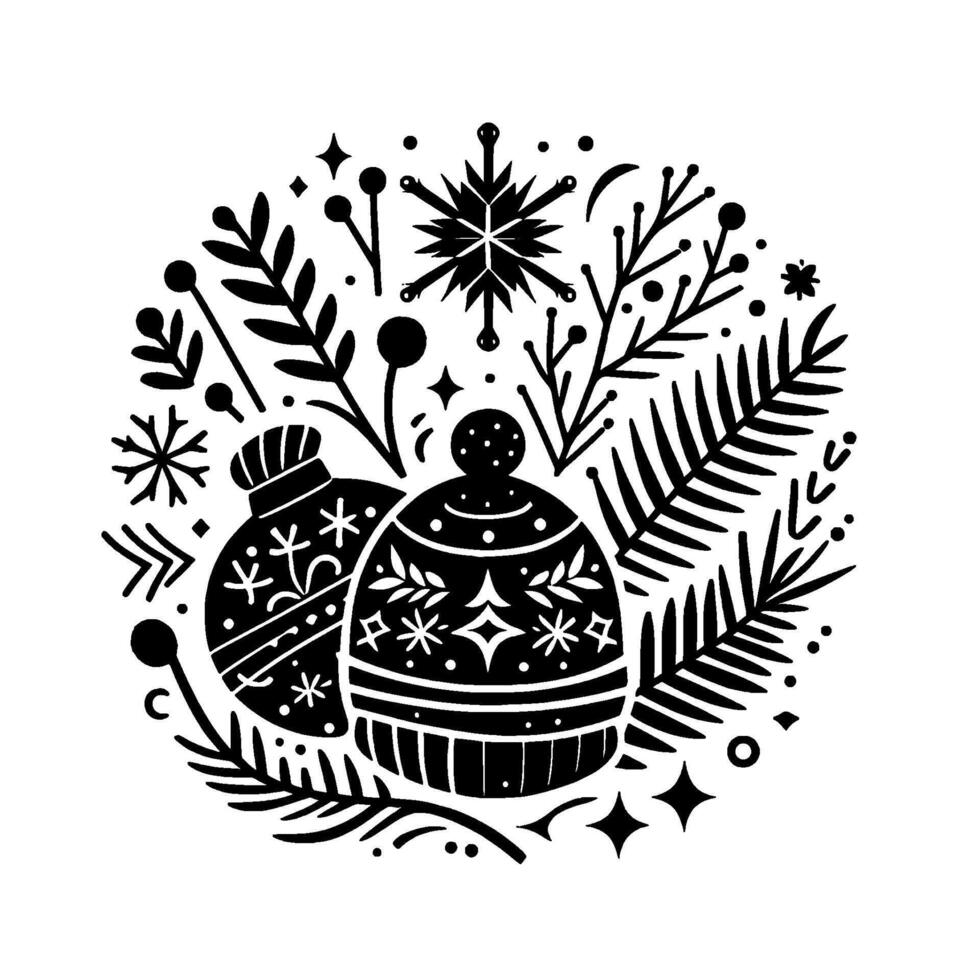 A stylized, circular monochrome holiday illustration, featuring winter hats, snowflake, foliage and stars, creating a festive ornament design. vector