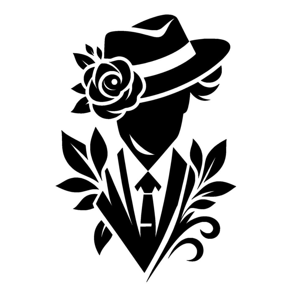 Silhouette of a dapper figure, adorned with a fedora and a rose, surrounded by elegant foliage and styled into an art deco design. vector